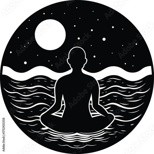 Meditative Silhouette Under Moonlight Over Rippling Waters