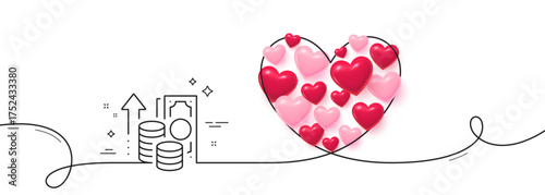 Inflation line icon. Continuous line big heart. Growth or Increase price sign. Change money symbol. 3d hearts in heart shaped loop. Inflation single line ribbon. Loop curve pattern. Vector