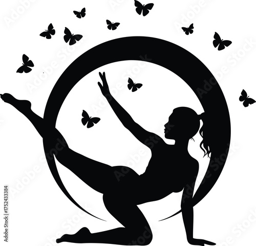 Graceful Dancer Silhouette in Crescent Moon Embraced by Fluttering Butterflies