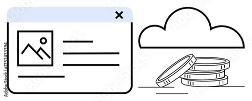 Browser window with content next to a cloud and stacked coins. Ideal for online savings, cloud computing, financial technology, digital marketing, innovative business, virtual storage, simple flat