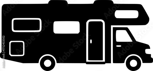 rv icon motorhome silhouette black and white illustration for web and graphic design
