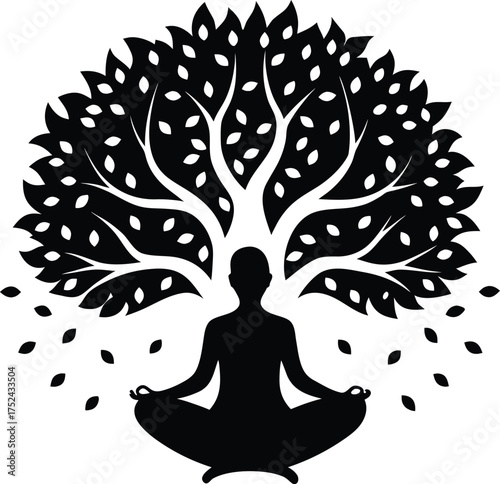 Meditating Person Underneath a Stylized Tree of Life with Falling Leaves Symbolizing Growth and Inner Peace