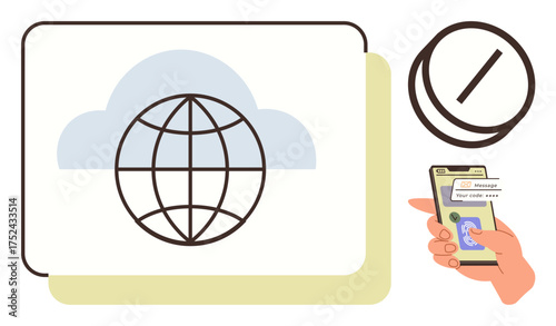 Globe within a cloud, smartphone with hand, chat messages, checkmark. Ideal for tech, communication, global reach, networking cloud storage data transfer future concepts. Simple flat metaphor