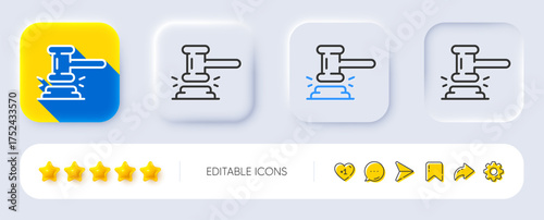 Judge hammer line icon. Neumorphic, Flat shadow, 3d buttons. Court judgement sign. Legal law symbol. Line judge hammer icon. Social media icons. Vector