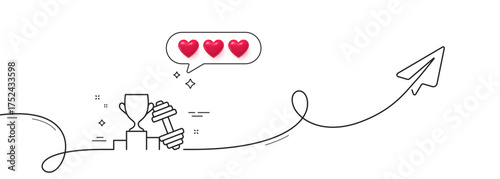 Dumbbell with winner cup line icon. Continuous line with share plane. Workout equipment sign. Gym fit symbol. Hearts rate review in speech bubble. Dumbbell single line ribbon. Vector