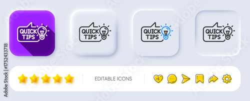 Quick tips line icon. Neumorphic, Flat shadow, 3d buttons. Helpful tricks sign. Tutorials with idea symbol. Line education idea icon. Social media icons. Vector