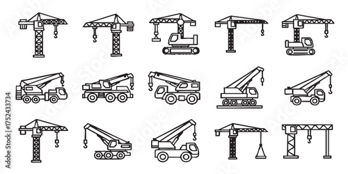 Set of construction crane outline icons vector
