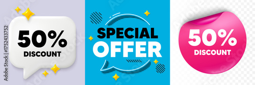 Discount speech bubble. 3d sparkles chat, Paper sticker. 50 percent discount tag. Sale offer price sign. Special offer symbol. Special offer bubble. Halftone dots pattern. Vector