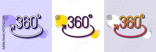 360 degree line icon. Halftone dotted pattern. Gradient icon with grain shadow. Full rotation sign. VR technology simulation symbol. Line full rotation icon. Various designs. Vector