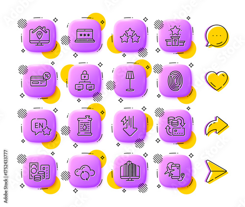 Energy drops, Floor lamp and Fingerprint line icons. App 3d buttons. Social media comment, share, like icons. Pack of Laptop password, English, Winner podium icon. Vector