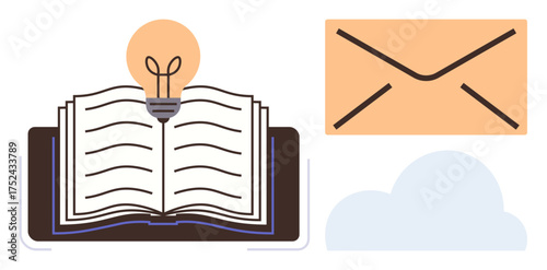 Open book with light bulb symbolizing knowledge and ideas, envelope for communication, and cloud for digital innovation. Ideal for education, inspiration, learning, creativity, digital communication
