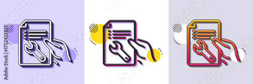 Spanner tool line icon. Halftone dotted pattern. Gradient icon with grain shadow. Repair service document sign. Fix instruments symbol. Line repair document icon. Various designs. Vector