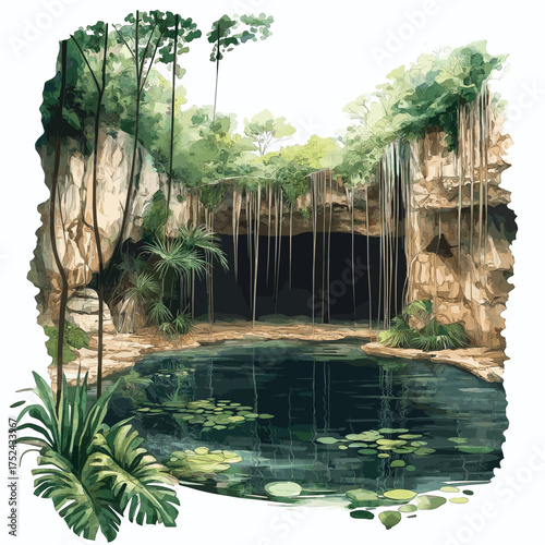 Cenotes of Yucat?n. Cenotes of Yucat?n hand drawn watercolor illustration