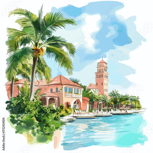 Nassau. Nassau hand drawn watercolor illustration