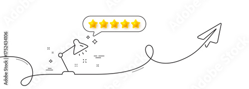 Table lamp line icon. Continuous line with share plane. Bedside light sign. Interior illuminate symbol. Five star rate review in speech bubble. Table lamp single line ribbon. Vector
