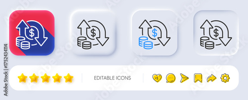 Change money line icon. Neumorphic, Flat shadow, 3d buttons. Currency exchange sign. Transfer payment symbol. Line change money icon. Social media icons. Vector