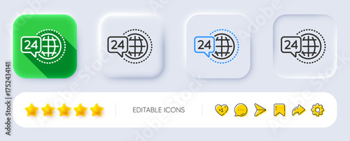 24 hour service line icon. Neumorphic, Flat shadow, 3d buttons. Call support sign. Feedback chat symbol. Line 24h service icon. Social media icons. Vector