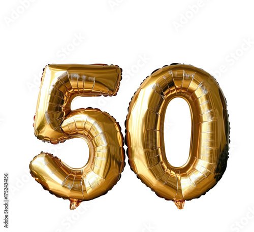 Shiny, golden foil balloons spell out the number 50