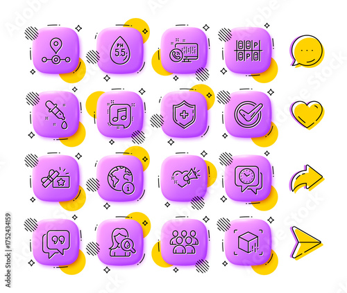 Moisturizing cream, Love message and Ph neutral line icons. App 3d buttons. Social media comment, share, like icons. Pack of Confirmed, Musical note, Group icon. Vector
