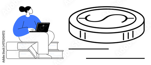 Woman on stacked books using laptop beside a coin, representing education, online learning, financial planning. Ideal for knowledge, investment, research, remote work, e-commerce finance simple