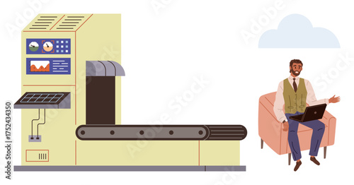 Person seated with laptop near conveyor belt machinery, emphasizing automation, productivity, and workflow optimization. Ideal for industry, innovation, technology, production, efficiency