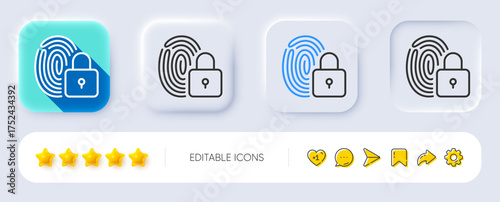 Lock line icon. Neumorphic, Flat shadow, 3d buttons. Fingerprint access sign. Security padlock symbol. Line lock icon. Social media icons. Vector