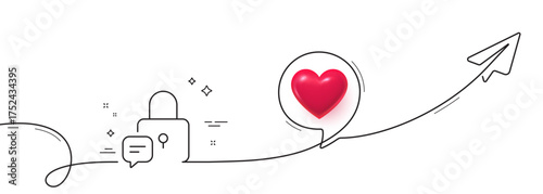 Lock line icon. Continuous line with share plane. Padlock with chat bubble sign. Message protection symbol. 3d heart in speech bubble. Lock single line ribbon. Loop curve pattern. Vector