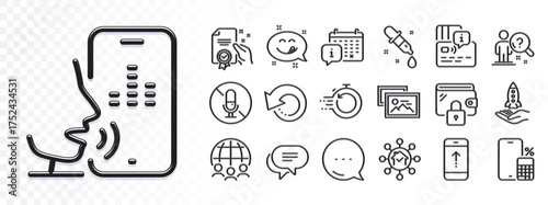 Calendar, No microphone and Fast recovery line icons for web app. Glare of light effect. Message icon. Pack of Global business, Crowdfunding, Voicemail pictogram icons. Vector