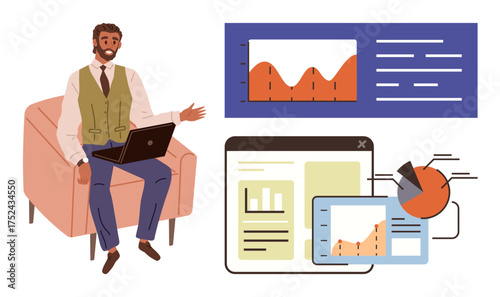 Man with laptop seated on chair pointing at analytics charts, reports, and data visualizations. Ideal for data analysis, business strategy, teamwork, presentations, market research, remote work