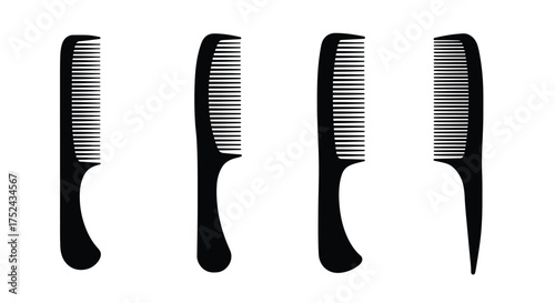 Simple black and white illustration of four different hair combs presented