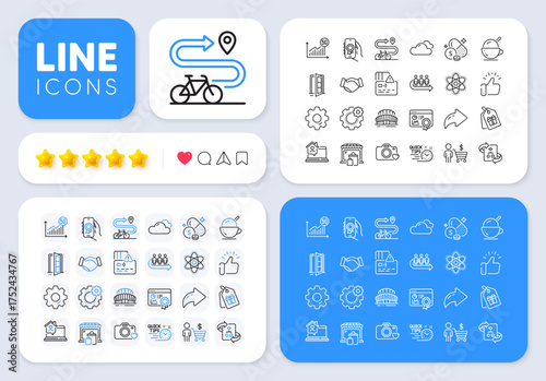 Card, Coupons and Buyer line icons for web app. Message, Share, Like social media icons. Pack of Handshake, Chemistry atom, 5g statistics pictogram icons. Vector