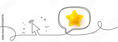 Mouse cursor line icon. Continuous line with 3d star. Click action sign. Arrow pointer symbol. 3d star in speech bubble. Cursor single line ribbon. Loop curve pattern. Vector