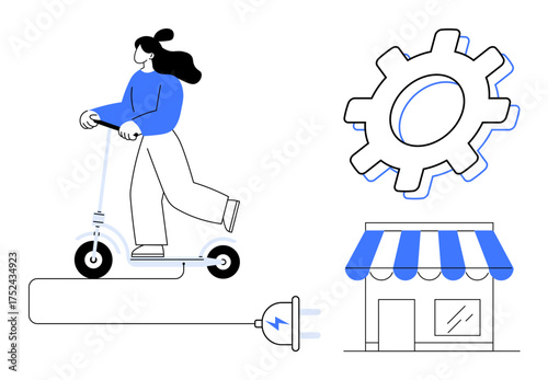 Woman on electric scooter connected to charging plug, gear symbol, and shopfront. Ideal for transportation, energy, business, technology, innovation city life eco-living themes. Simple flat