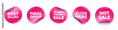 Best sellers sticker tag. Click here, Black friday paper price banners. Best sellers tag. Special offer price sign. Advertising discounts symbol. Hot sale sticker. Promo banners. Vector