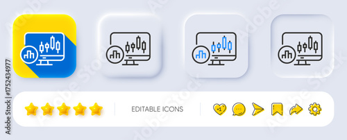 Candlestick chart line icon. Neumorphic, Flat shadow, 3d buttons. Analytics graph sign. Market analytics symbol. Line candlestick chart icon. Social media icons. Vector