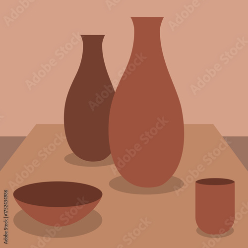 Set of vases brown clay cup and plate, art design.