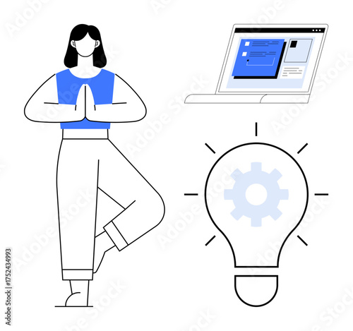 Calm woman in tree pose next to lit lightbulb with gear inside and laptop window. Ideal for wellness, innovation, productivity, balance, self-care, technology, creativity. Simple flat metaphor