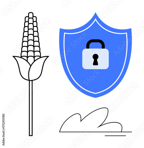 Shield with lock beside corn stalk and leaf accent representing agriculture data security and sustainability. Ideal for farming technology, cybersecurity, data protection, agribusiness