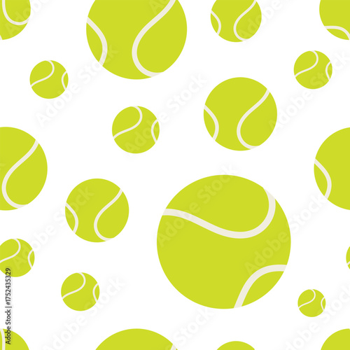Seamless pattern with tennis balls on white background. Sport texture with green balls for tennis design, fabric, wallpaper, or wrapping paper. Flat vector illustration.