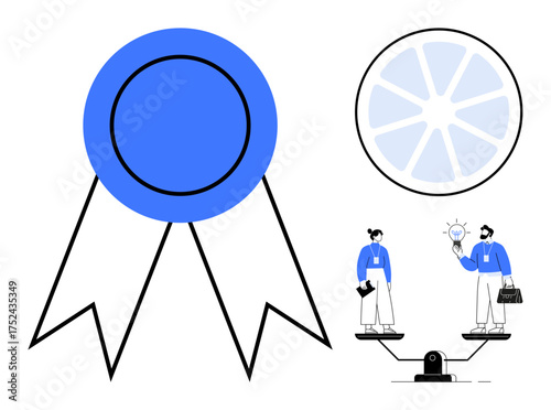 Large blue achievement ribbon alongside business team balancing innovation and practicality on a scale. Ideal for success, teamwork, innovation, recognition, balance, goal achievement, leadership