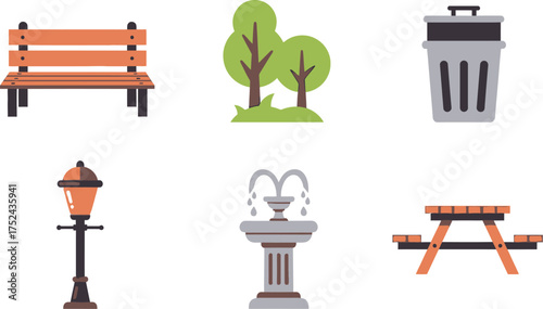 Common park and outdoor elements;  park bench, pair of trees, trash can, lamppost, drinking fountain, picnic table. Landscape architect public symbols 