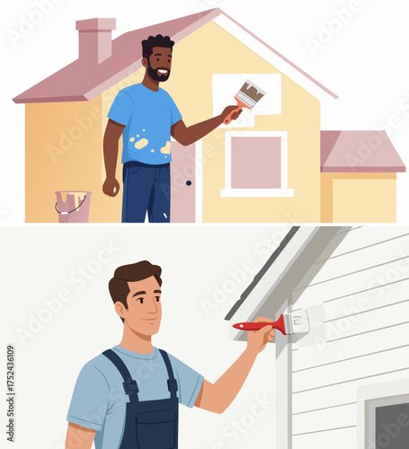 Two men painting house exteriors with brushes on clear backgrounds  