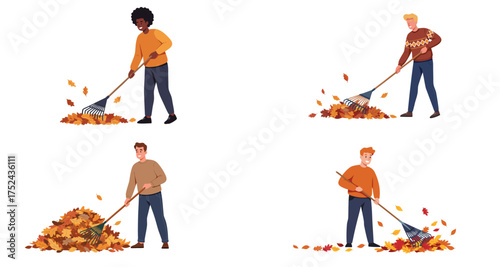 Men raking leaves in autumn with colorful foliage background  