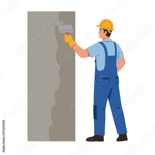 Construction worker plastering wall with trowel in uniform  