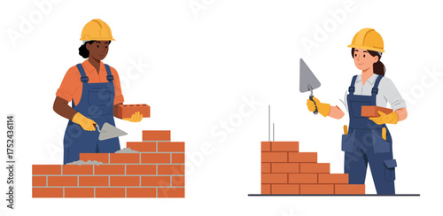 Black woman and white woman building with bricks at construction site  