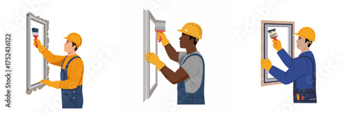 Three workers painting window frames with brushes and rollers, white background, isolated, vector, set  