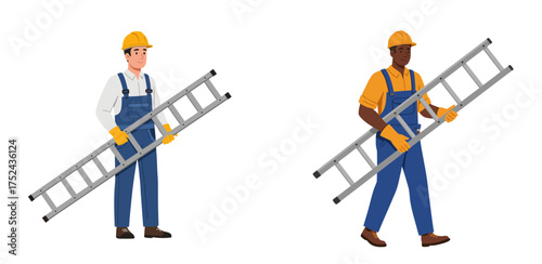 Two workers carrying a ladder in safety gear on white background, isolated, vector, set