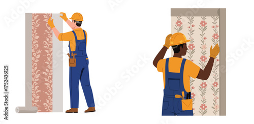 Workers pasting wallpaper glue in patterns on wall indoors, white background, isolated, vector, set 