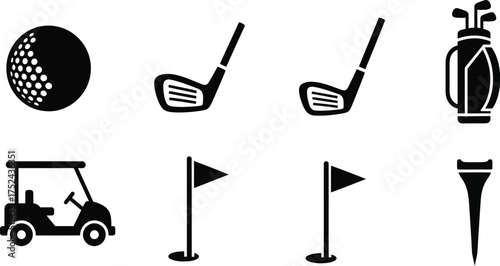 Golf ball, golf clubs, golf bag, golf cart, golf flagstick and hole, golf tee icons vector illustration 
