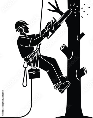 Tree surgeon climbing arborist, tree trimmer, tree worker cutting tree while suspended on a tree with a rope